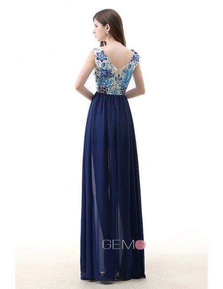 A-Line V-neck Floor-Length Chiffon Prom Dress With Sequin Appliques