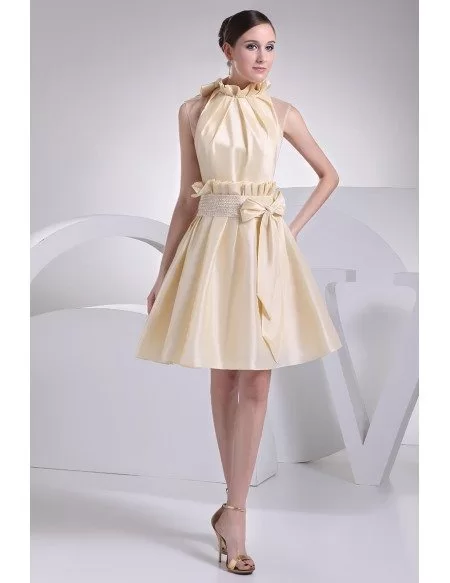 Chic High Neckline Champagne Taffeta Bridal Party Dress with Bow