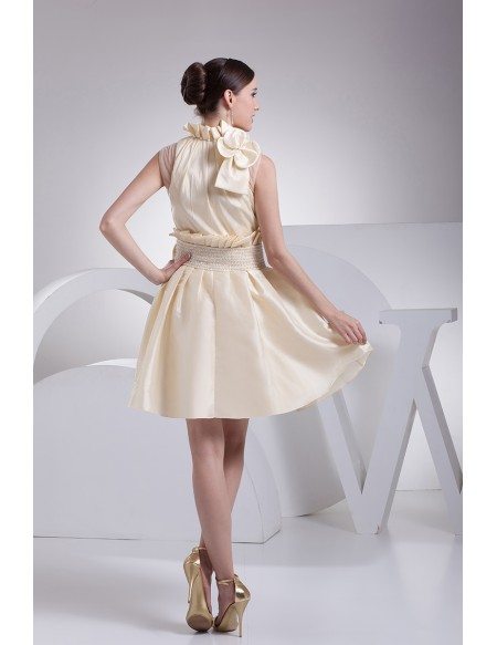 Chic High Neckline Champagne Taffeta Bridal Party Dress with Bow