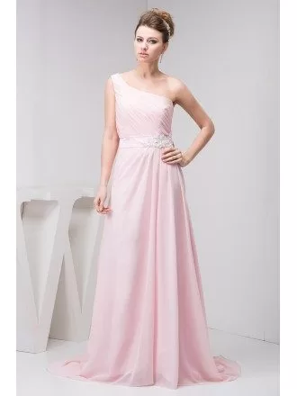 A-line One-shoulder Sweep Train Chiffon Prom Dress With Beading