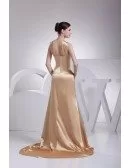 Gold Pleated One Shoulder Formal Prom Dress with Split Front