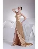 Gold Pleated One Shoulder Formal Prom Dress with Split Front