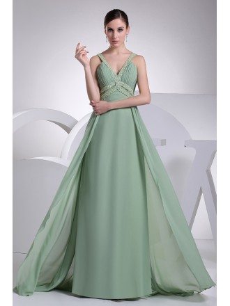 Sage Green V-neck Beaded Straps Floor Length Chiffon Prom Dress