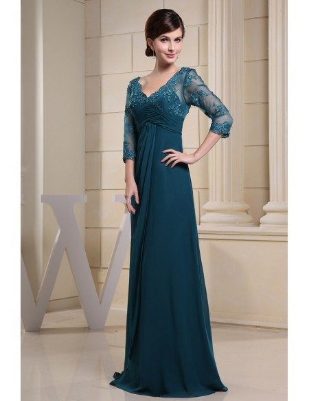 A-line V-Neck Floor-length Chiffon Lace Mother of the Bride Dress # ...