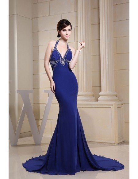 Mermaid Halter Court Train Chiffon Evening Dress With Beading #OP3035 ...