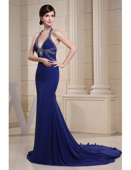 Mermaid Halter Court Train Chiffon Evening Dress With Beading