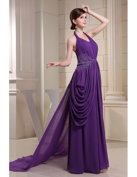 Ball-gown Halter Sweep Train Chiffon Evening Dress With Beading