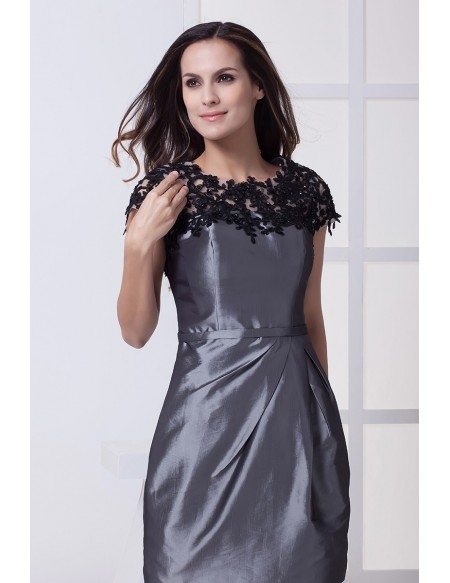 Lace Top Grey Taffeta Short Formal Dress with Sleeves