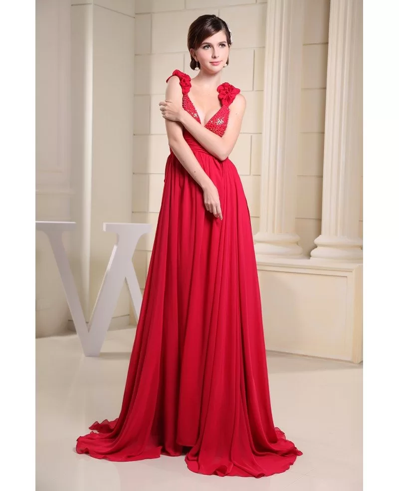 A-line V-neck Floor-length Chiffon Evening Dress With Beading #OP345 ...