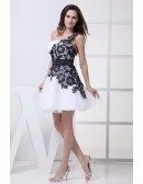 One Shoulder Lace Navy Blue and White Puffy Prom Dress Short