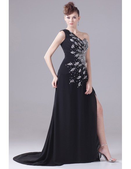 Long Formal Sequined One Shoulder Prom Dress with Split Front