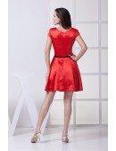 Red Satin Short Formal Dress with Cap Sleeves Sash
