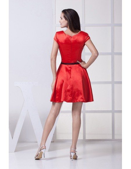 Red with Black Sash Short Taffeta Formal Dress with Cap Sleeves #OP4403 ...