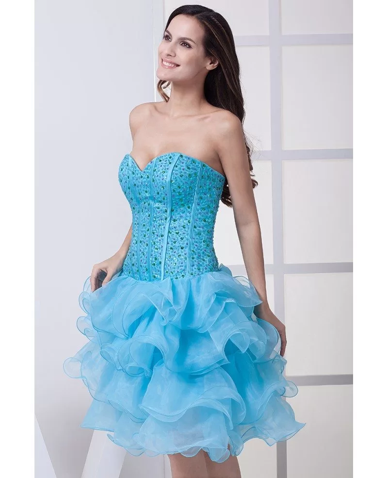 Classic Blue Sequined Organza Ruffles Sweetheart Prom Dress Short # ...