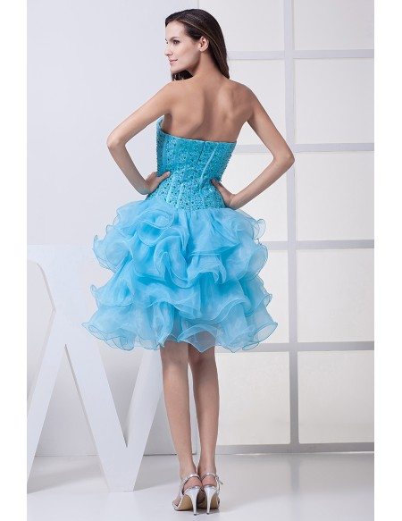Classic Blue Sequined Organza Ruffles Sweetheart Prom Dress Short