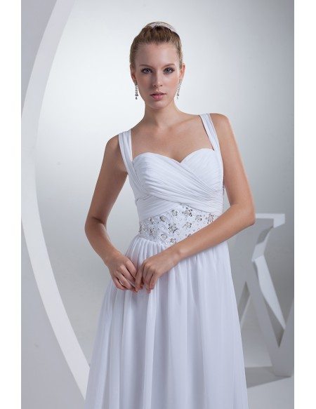 Pleated Sequins Long Chiffon White Wedding Dress with Straps