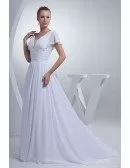 V-neck Long White Chiffon Elegant Wedding Dress with Sleeves