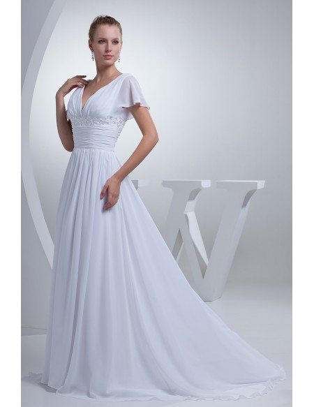 V-neck Long White Chiffon Elegant Wedding Dress with Sleeves