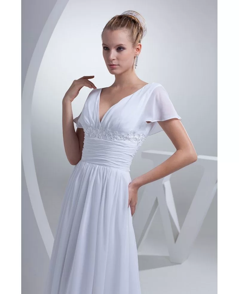 V-neck Long White Chiffon Elegant Wedding Dress with Sleeves #OP4424 ...