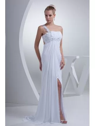Gorgeous Beaded One Strap Chiffon Long Wedding Dress Split Front