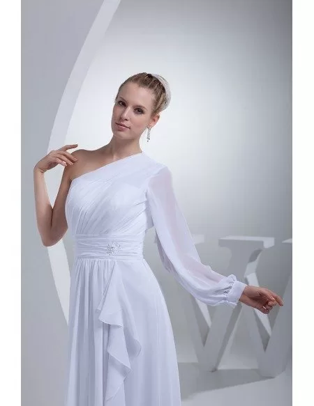 Grecian One Sleeve White Chiffon Long Beach Wedding Dress