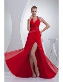 Sequined Red Sexy Long Halter Prom Dress with Split Front