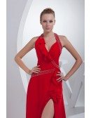 Sequined Red Sexy Long Halter Prom Dress with Split Front