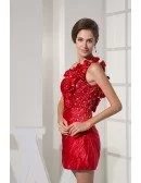 Little Red Mini Floral One Shoulder Pleated Bridal Party Dress