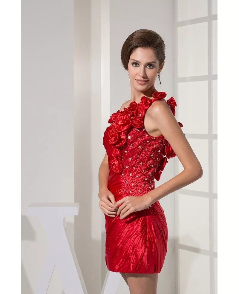 Little Red Mini Floral One Shoulder Pleated Bridal Party Dress #OP4454 ...