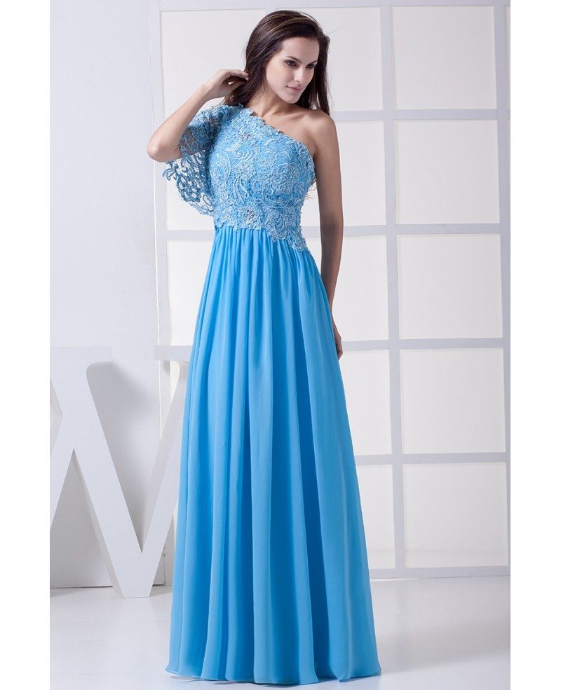 Blue Floor Length Long Chiffon Prom Dress Lace Sleeve #OP4458 $146 ...