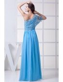 Blue Floor Length Long Chiffon Mother of Bride Dress Lace Sleeve