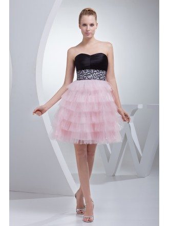 Sweetheart Black and Pink Puffy Short Prom Dress with Embroidery