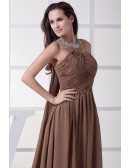 Sequined Long Halter Exotic Brown Chiffon Prom Dress