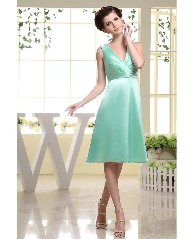 A-line V-neck Knee-length Satin Bridesmaid Dress #OP3064 $90 - GemGrace.com