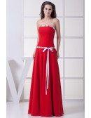 Red with White Sash Long Chiffon Bridesmaid Dress Strapless