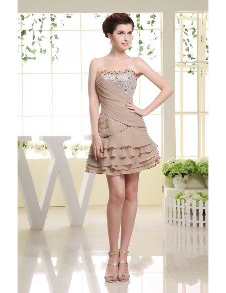 A-line Strapless Short Chiffon Prom Dress With Sequins