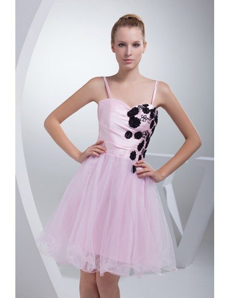Pink with Black Flowers Tulle Prom Dress with Spaghetti Straps