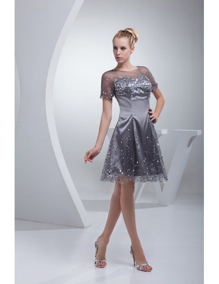 Silver Satin Sequins On Tulle Prom Dress with Sleeves