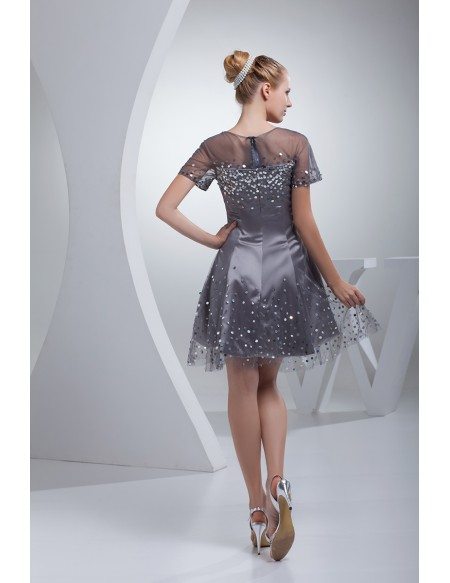 Silver Satin Sequins On Tulle Prom Dress with Sleeves
