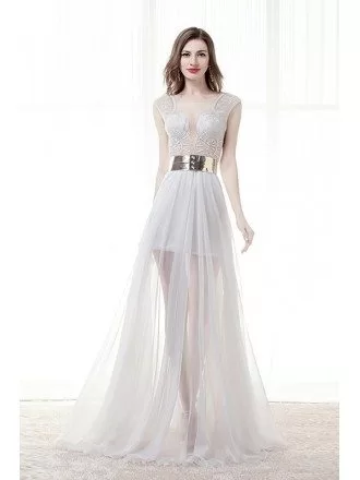A-Line V-neck Court Train Chiffon Prom Dress With Ruffle Appliques Lace