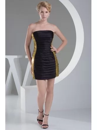 Little Black and Gold Strapless Pleated Cocktail Dress