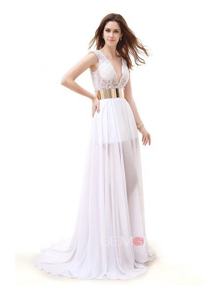 A-Line V-neck Court Train Chiffon Prom Dress With Ruffle Appliques Lace