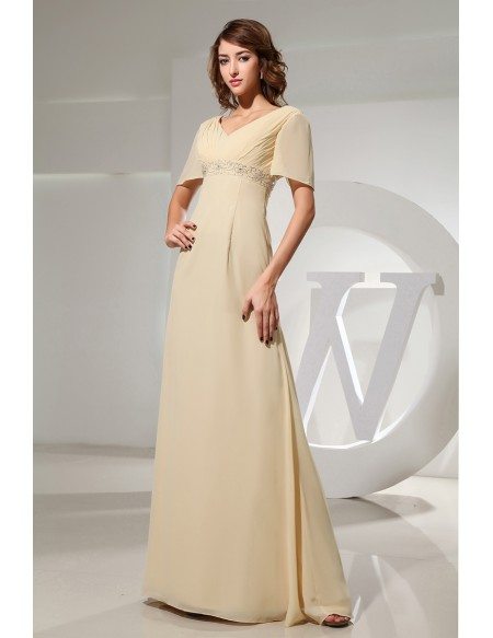 Empire V-neck Floor-length Chiffon Evening Dress With Beading