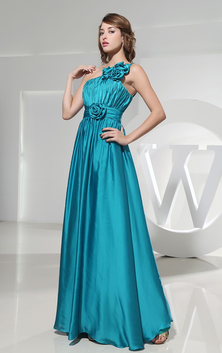 A-line One-shoulder Floor-length Satin Evening Dress With Ruffle # ...
