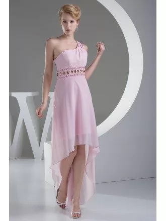 Pink Beaded One Shoulder Aline Asymmetrical Prom Dress