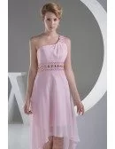 Pink Beaded One Shoulder Aline Asymmetrical Prom Dress