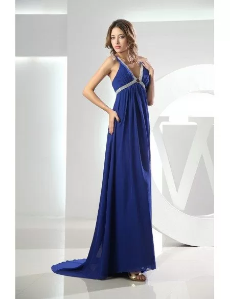 Empire V-neck Sweep Train Chiffon Evening Dress With Beading #OP3092 ...