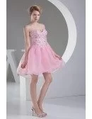 Pink Puffy Organza Short Beaded Prom Dress Sweetheart