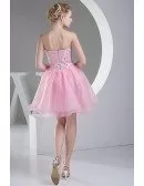 Pink Puffy Organza Short Beaded Prom Dress Sweetheart