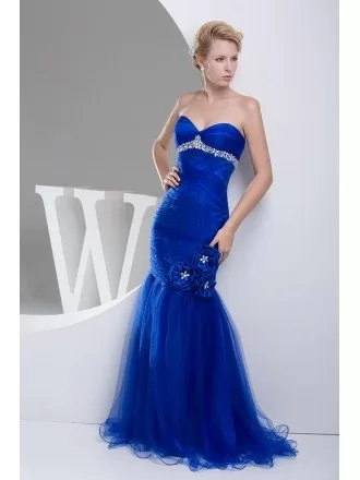 Royal Blue Long Tulle Mermaid Prom Dress with Beading